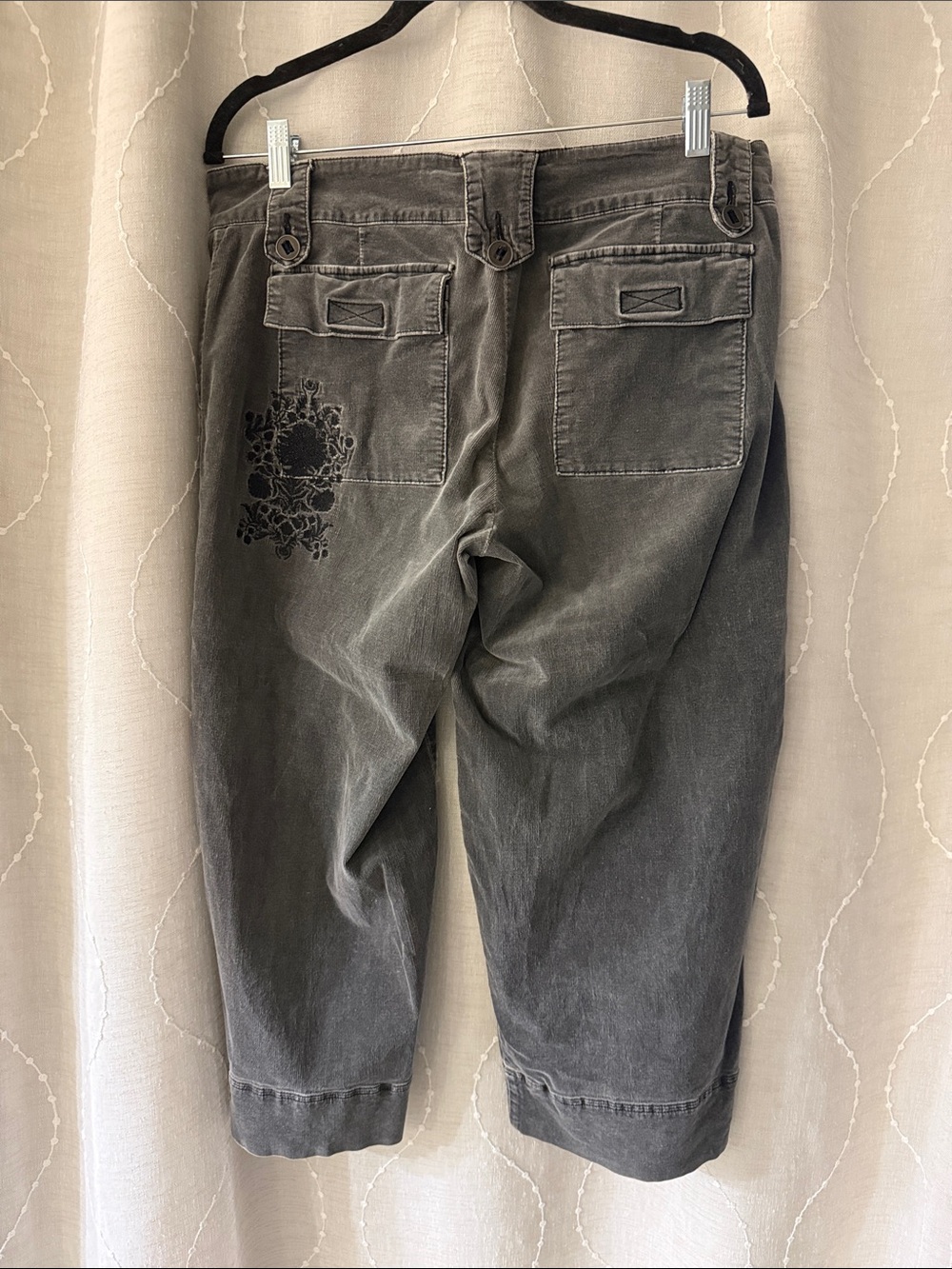 CAbi Gray Cropped Jeans with Black Floral Embroidery